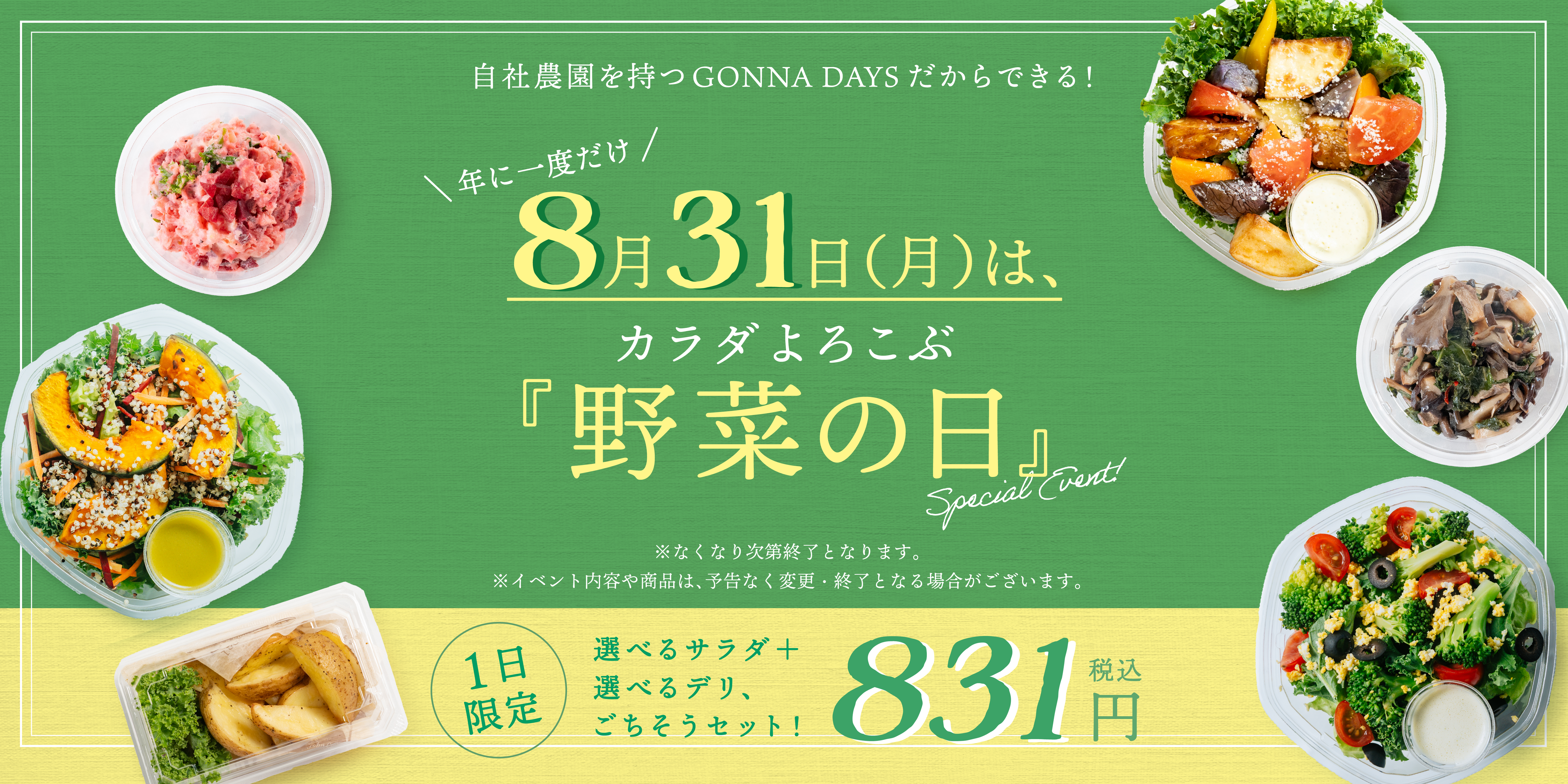 【8月31日限定】野菜の日キャンペーン!自社農園の「選べるサラダ&デリ」特別なごちそうセットを831円で販売